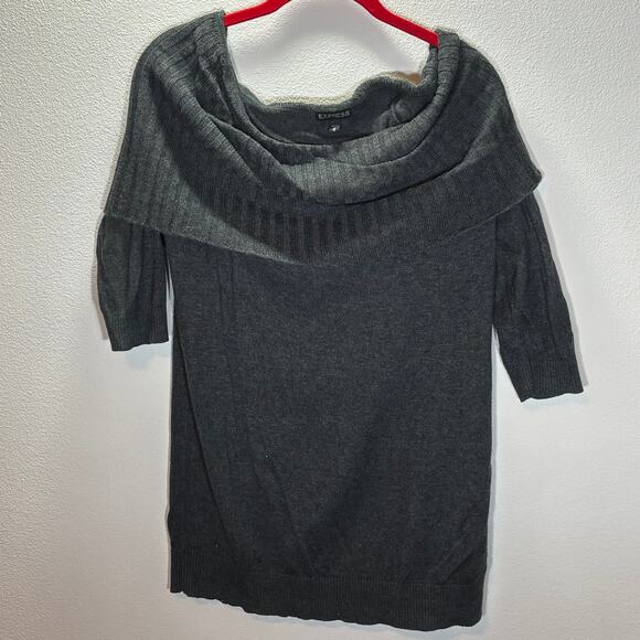 Express Women’s M Gray Off Shoulder Sweater Ribbed Knit Tunic Top - Picture 1 of 6